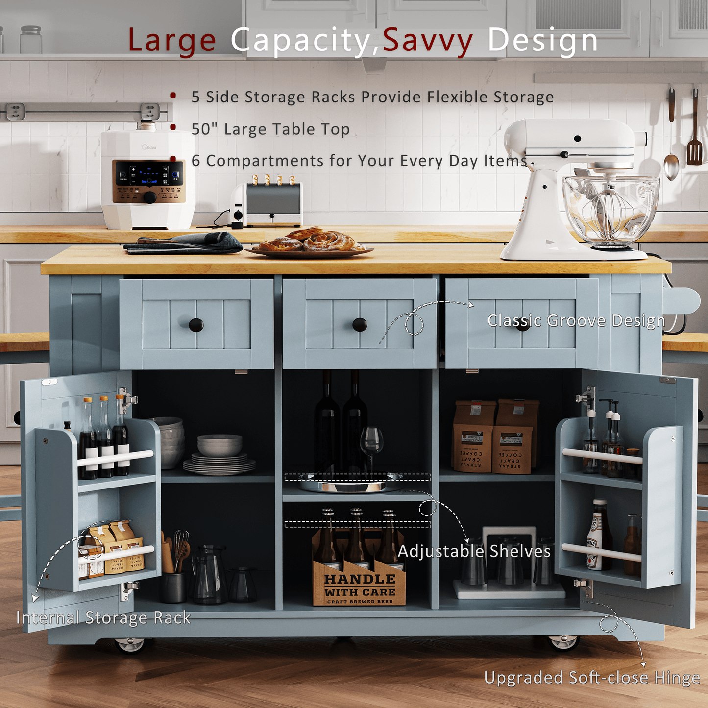 K&K 53inch Large Kitchen Island with 2 Bar Stools,Power Outlet,Door Internal Storage Rack,Kitchen Storage Cart on 5 Wheels with Drop Leaf,5 Open Side Racks,3 Drawers,Grey Blue (Three Packages) - 1st Choice Furniture Direct