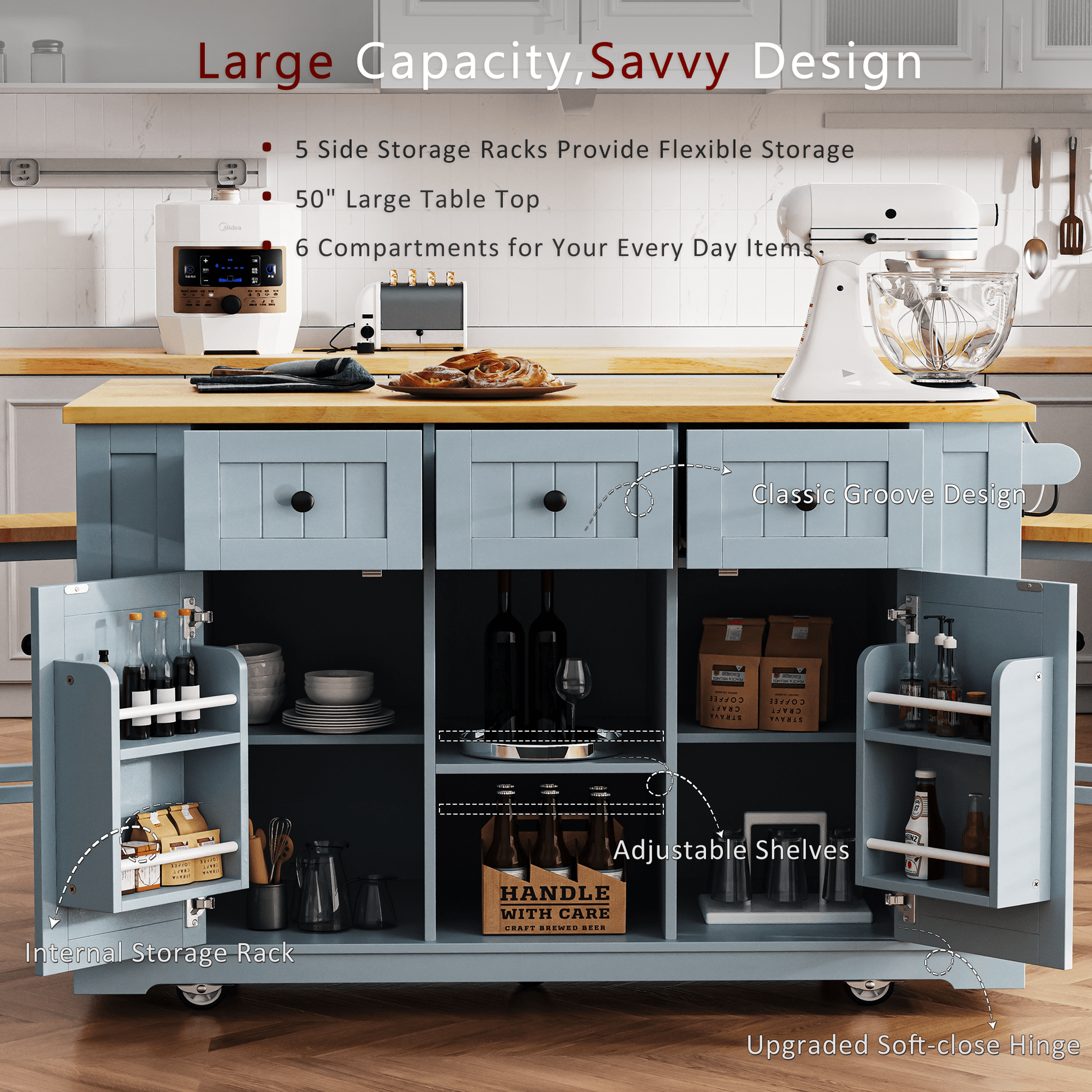 K&K 53inch Large Kitchen Island with 2 Bar Stools,Power Outlet,Door Internal Storage Rack,Kitchen Storage Cart on 5 Wheels with Drop Leaf,5 Open Side Racks,3 Drawers,Grey Blue (Three Packages) - 1st Choice Furniture Direct
