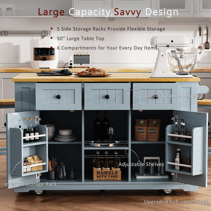 K&K 53inch Large Kitchen Island with 2 Bar Stools,Power Outlet,Door Internal Storage Rack,Kitchen Storage Cart on 5 Wheels with Drop Leaf,5 Open Side Racks,3 Drawers,Grey Blue (Three Packages) - 1st Choice Furniture Direct