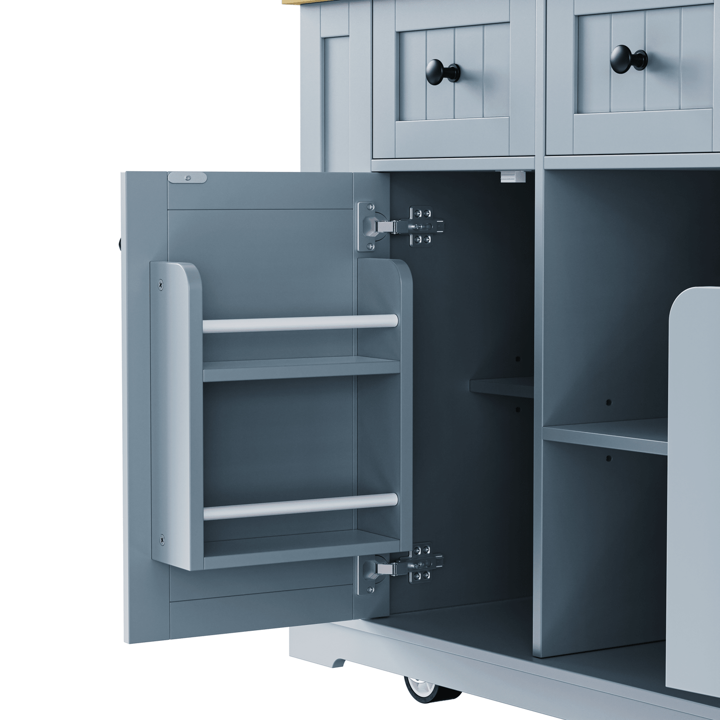 K&K 53inch Large Kitchen Island with 2 Bar Stools,Power Outlet,Door Internal Storage Rack,Kitchen Storage Cart on 5 Wheels with Drop Leaf,5 Open Side Racks,3 Drawers,Grey Blue (Three Packages) - 1st Choice Furniture Direct