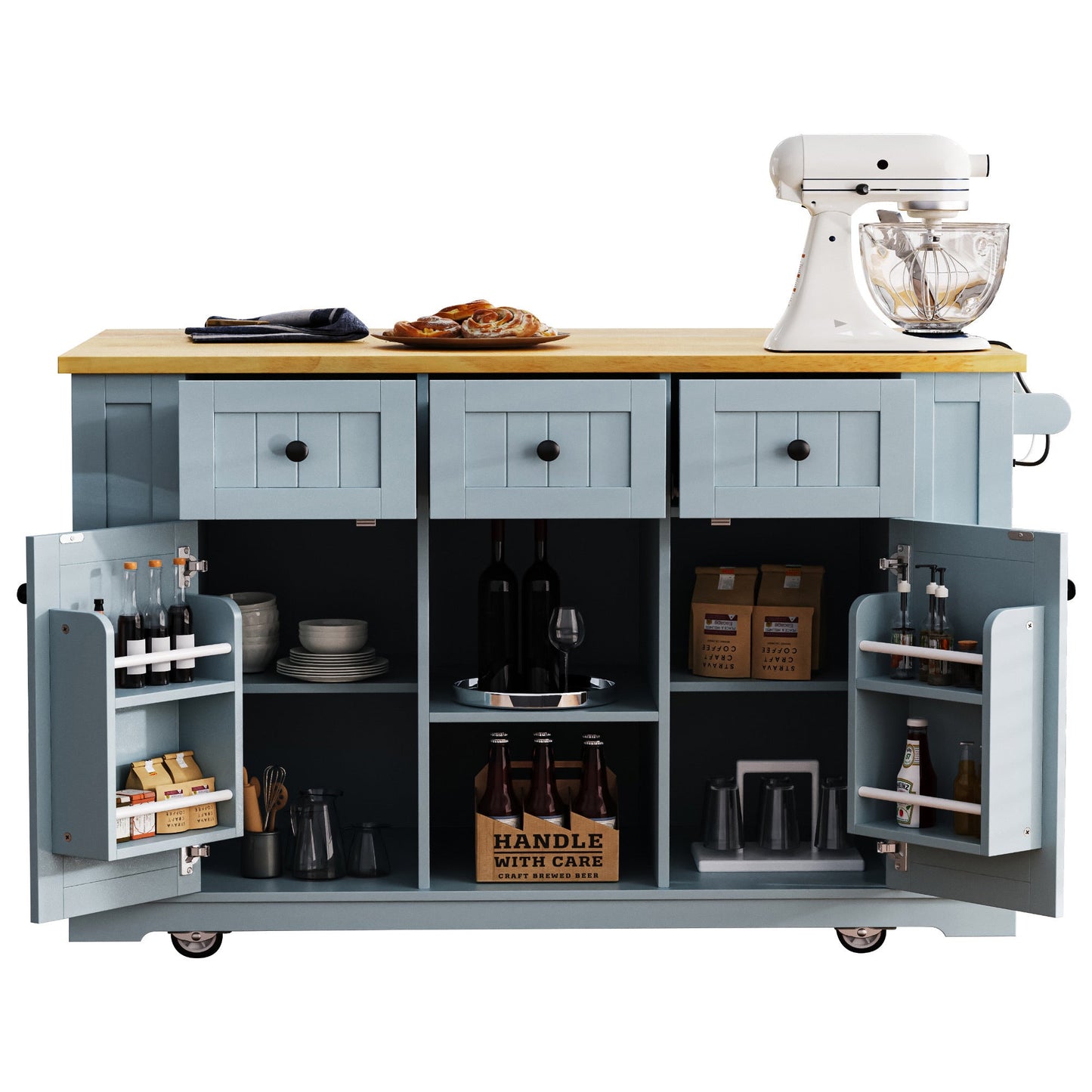 K&K 53inch Large Kitchen Island with 2 Bar Stools,Power Outlet,Door Internal Storage Rack,Kitchen Storage Cart on 5 Wheels with Drop Leaf,5 Open Side Racks,3 Drawers,Grey Blue (Three Packages) - 1st Choice Furniture Direct
