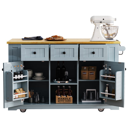 K&K 53inch Large Kitchen Island with 2 Bar Stools,Power Outlet,Door Internal Storage Rack,Kitchen Storage Cart on 5 Wheels with Drop Leaf,5 Open Side Racks,3 Drawers,Grey Blue (Three Packages) - 1st Choice Furniture Direct