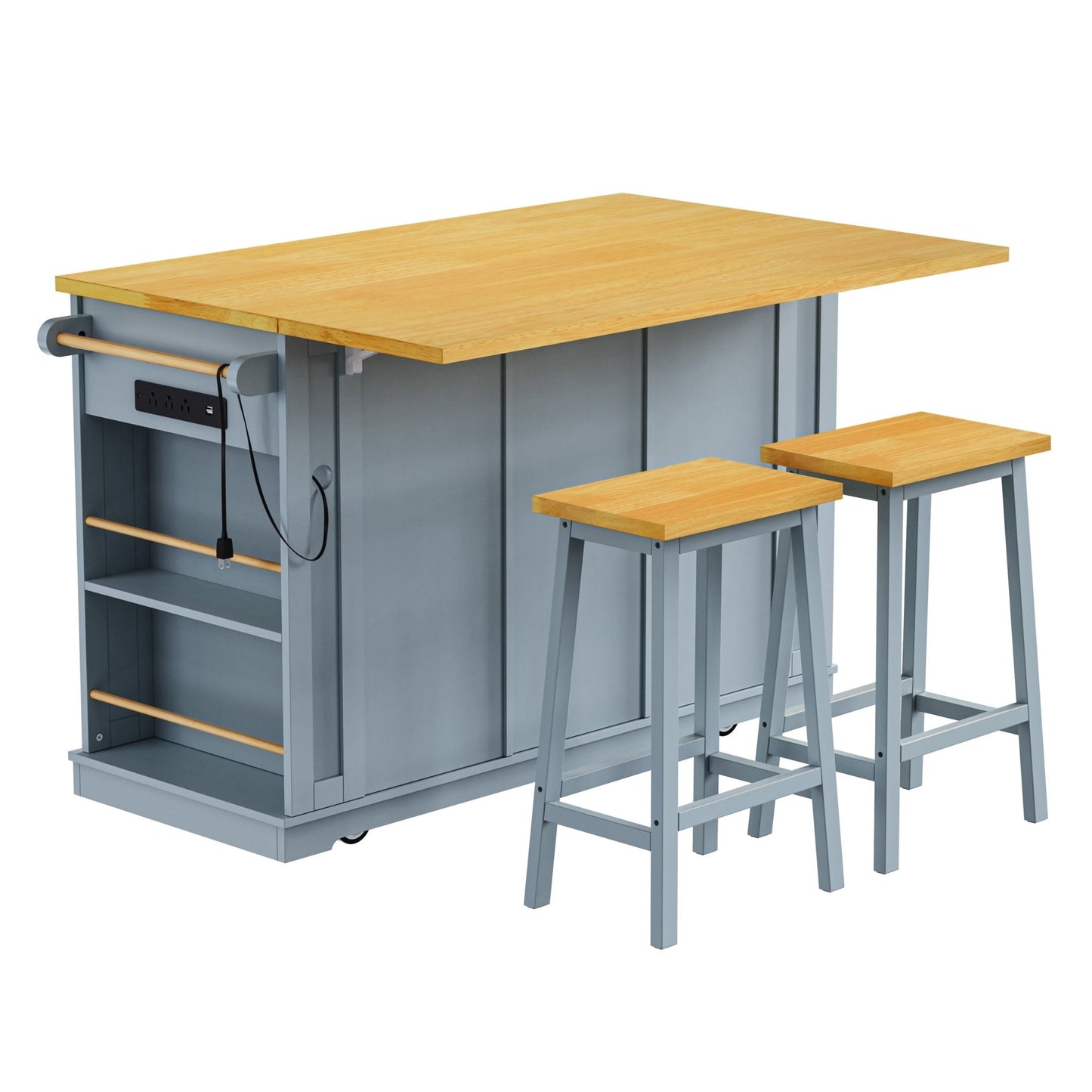 K&K 53inch Large Kitchen Island with 2 Bar Stools,Power Outlet,Door Internal Storage Rack,Kitchen Storage Cart on 5 Wheels with Drop Leaf,5 Open Side Racks,3 Drawers,Grey Blue (Three Packages) - 1st Choice Furniture Direct