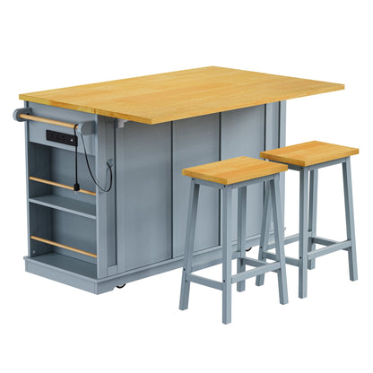 K&K 53inch Large Kitchen Island with 2 Bar Stools,Power Outlet,Door Internal Storage Rack,Kitchen Storage Cart on 5 Wheels with Drop Leaf,5 Open Side Racks,3 Drawers,Grey Blue (Three Packages) - 1st Choice Furniture Direct