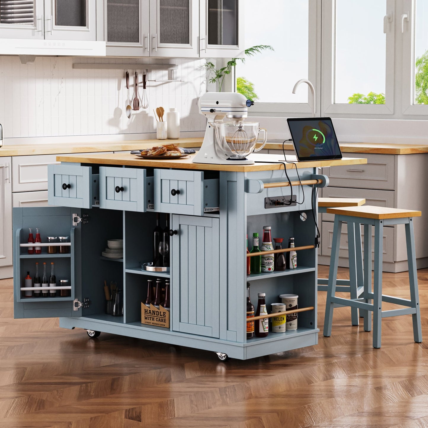 K&K 53inch Large Kitchen Island with 2 Bar Stools,Power Outlet,Door Internal Storage Rack,Kitchen Storage Cart on 5 Wheels with Drop Leaf,5 Open Side Racks,3 Drawers,Grey Blue (Three Packages) - 1st Choice Furniture Direct