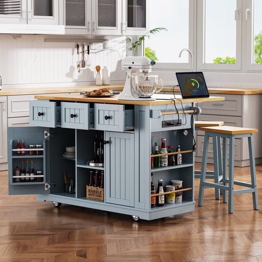 K&K 53inch Large Kitchen Island with 2 Bar Stools,Power Outlet,Door Internal Storage Rack,Kitchen Storage Cart on 5 Wheels with Drop Leaf,5 Open Side Racks,3 Drawers,Grey Blue (Three Packages) - 1st Choice Furniture Direct