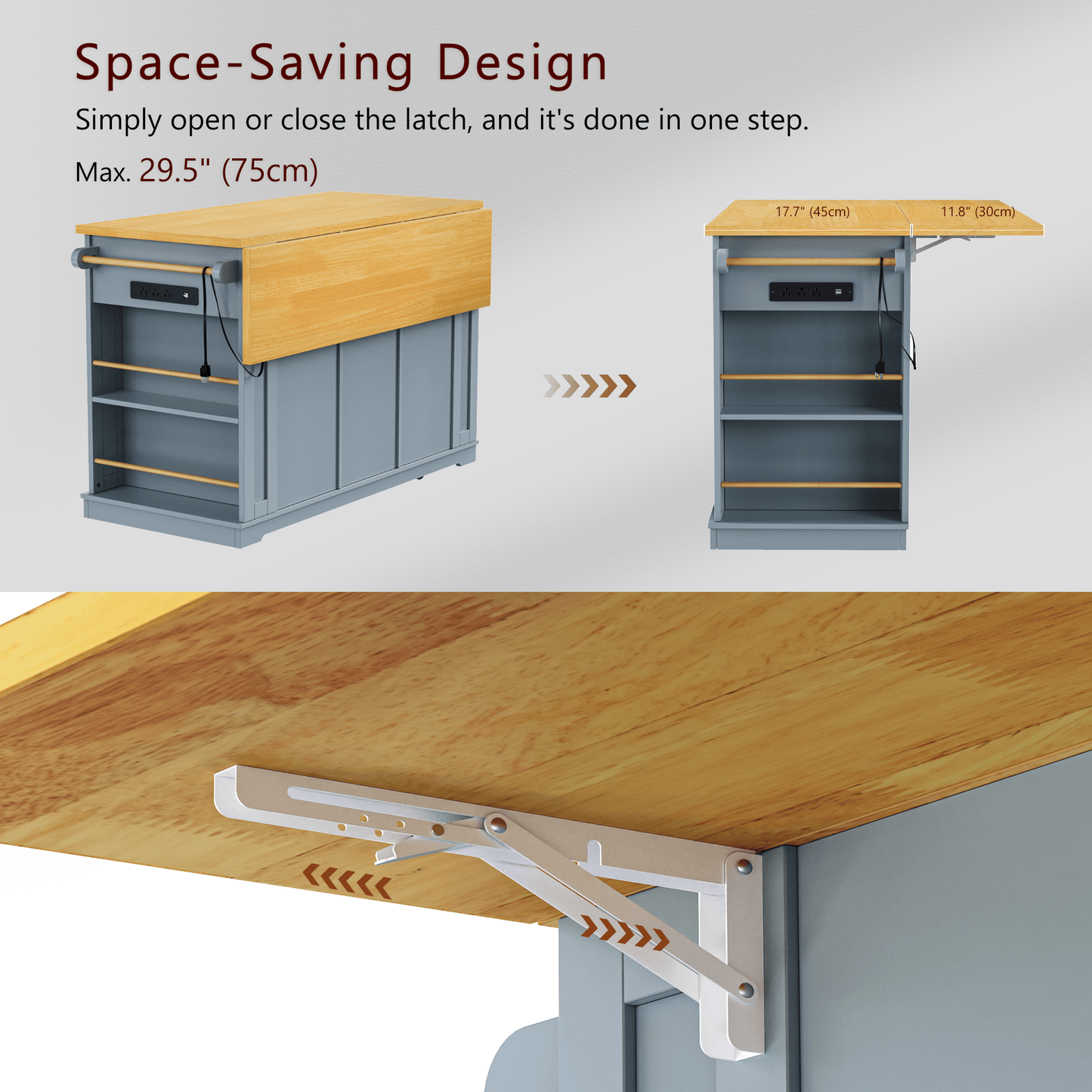 K&K 53inch Large Kitchen Island with 2 Bar Stools,Power Outlet,Door Internal Storage Rack,Kitchen Storage Cart on 5 Wheels with Drop Leaf,5 Open Side Racks,3 Drawers,Grey Blue (Three Packages) - 1st Choice Furniture Direct