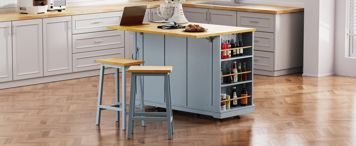 K&K 53inch Large Kitchen Island with 2 Bar Stools,Power Outlet,Door Internal Storage Rack,Kitchen Storage Cart on 5 Wheels with Drop Leaf,5 Open Side Racks,3 Drawers,Grey Blue (Three Packages) - 1st Choice Furniture Direct