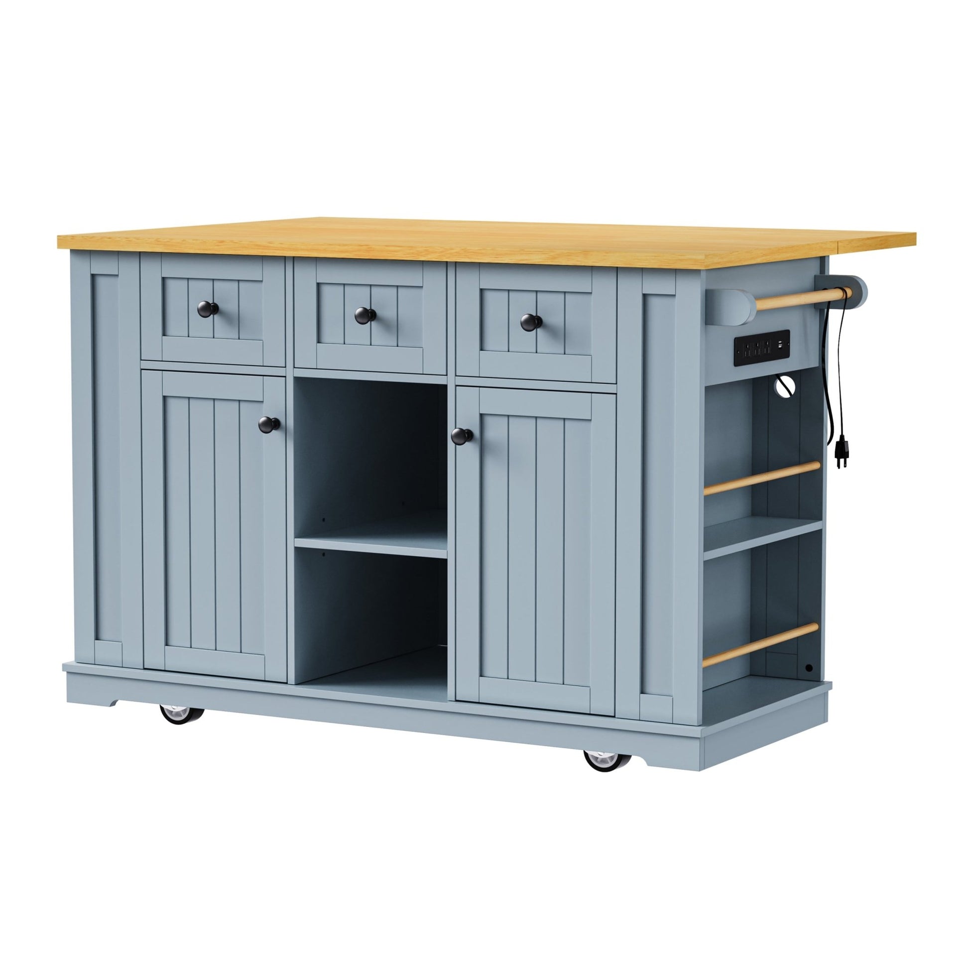 K&K 53inch Large Kitchen Island with 2 Bar Stools,Power Outlet,Door Internal Storage Rack,Kitchen Storage Cart on 5 Wheels with Drop Leaf,5 Open Side Racks,3 Drawers,Grey Blue (Three Packages) - 1st Choice Furniture Direct