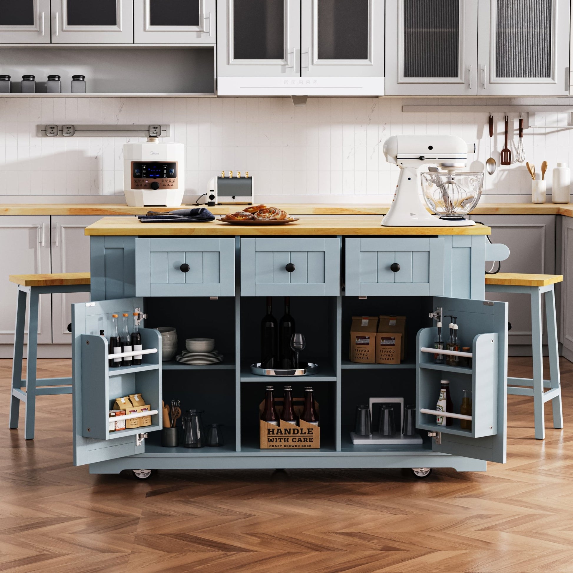 K&K 53inch Large Kitchen Island with 2 Bar Stools,Power Outlet,Door Internal Storage Rack,Kitchen Storage Cart on 5 Wheels with Drop Leaf,5 Open Side Racks,3 Drawers,Grey Blue (Three Packages) - 1st Choice Furniture Direct