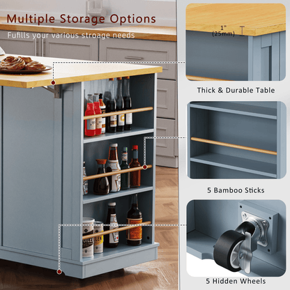 K&K 53inch Large Kitchen Island with 2 Bar Stools,Power Outlet,Door Internal Storage Rack,Kitchen Storage Cart on 5 Wheels with Drop Leaf,5 Open Side Racks,3 Drawers,Grey Blue (Three Packages) - 1st Choice Furniture Direct