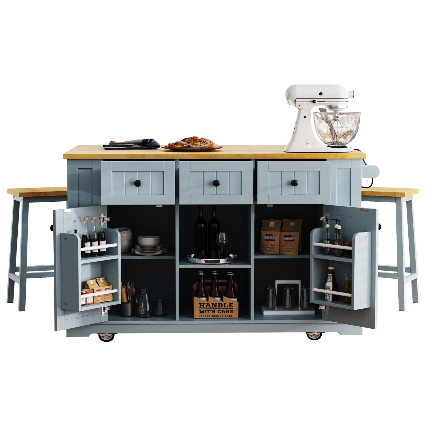 K&K 53inch Large Kitchen Island with 2 Bar Stools,Power Outlet,Door Internal Storage Rack,Kitchen Storage Cart on 5 Wheels with Drop Leaf,5 Open Side Racks,3 Drawers,Grey Blue (Three Packages) - 1st Choice Furniture Direct