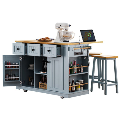 K&K 53inch Large Kitchen Island with 2 Bar Stools,Power Outlet,Door Internal Storage Rack,Kitchen Storage Cart on 5 Wheels with Drop Leaf,5 Open Side Racks,3 Drawers,Grey Blue (Three Packages) - 1st Choice Furniture Direct