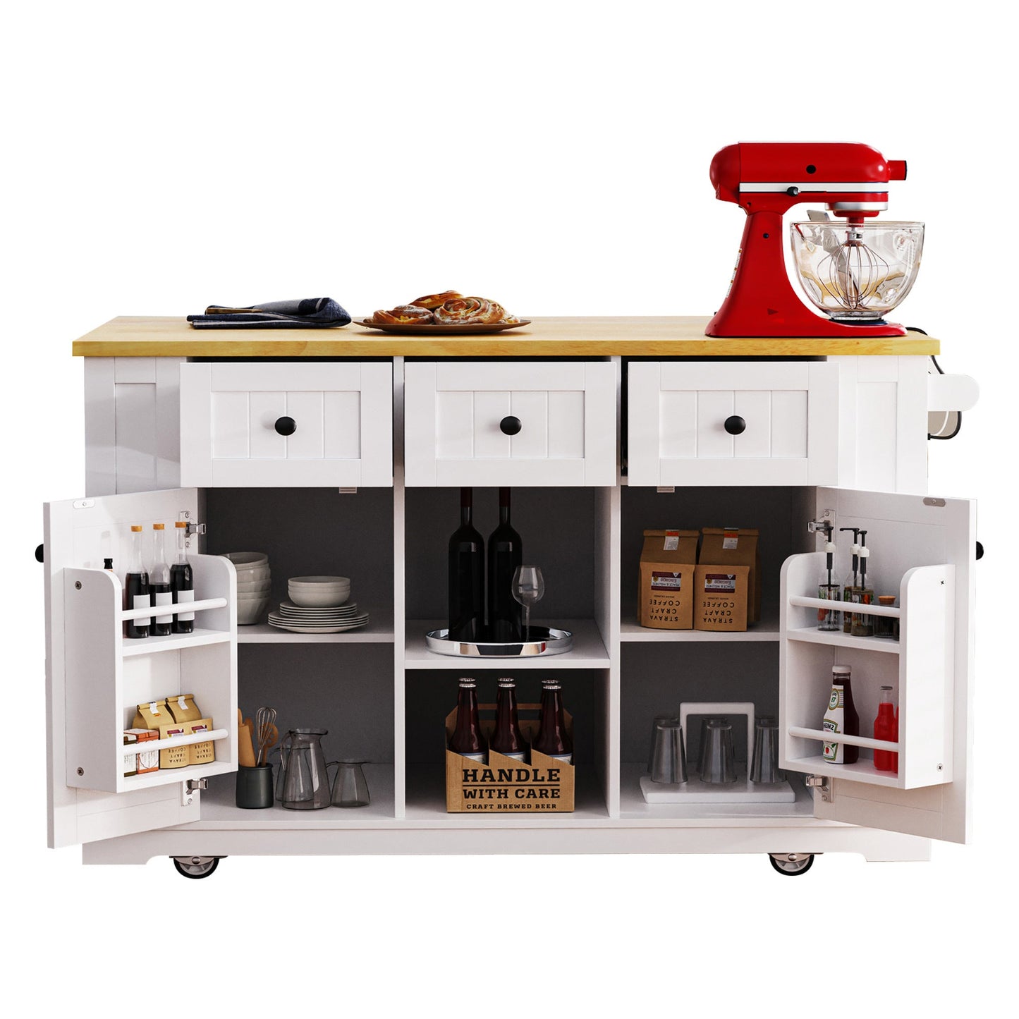 K&K 53inch Large Kitchen Island with Drop Leaf, Power Outlet, Door Internal Storage Rack, Rolling Kitchen Cart on 5 Wheels with 5 Open Side Racks for Kitchen, Dining Room,White(Not include bar stools) - 1st Choice Furniture Direct