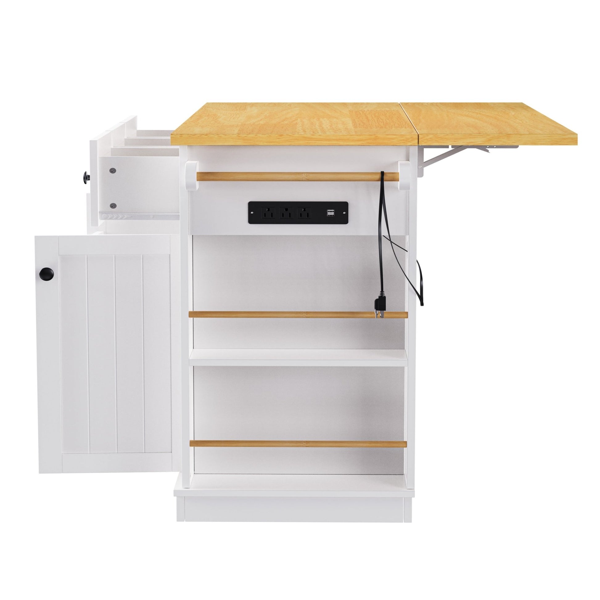 K&K 53inch Large Kitchen Island with Drop Leaf, Power Outlet, Door Internal Storage Rack, Rolling Kitchen Cart on 5 Wheels with 5 Open Side Racks for Kitchen, Dining Room,White(Not include bar stools) - 1st Choice Furniture Direct