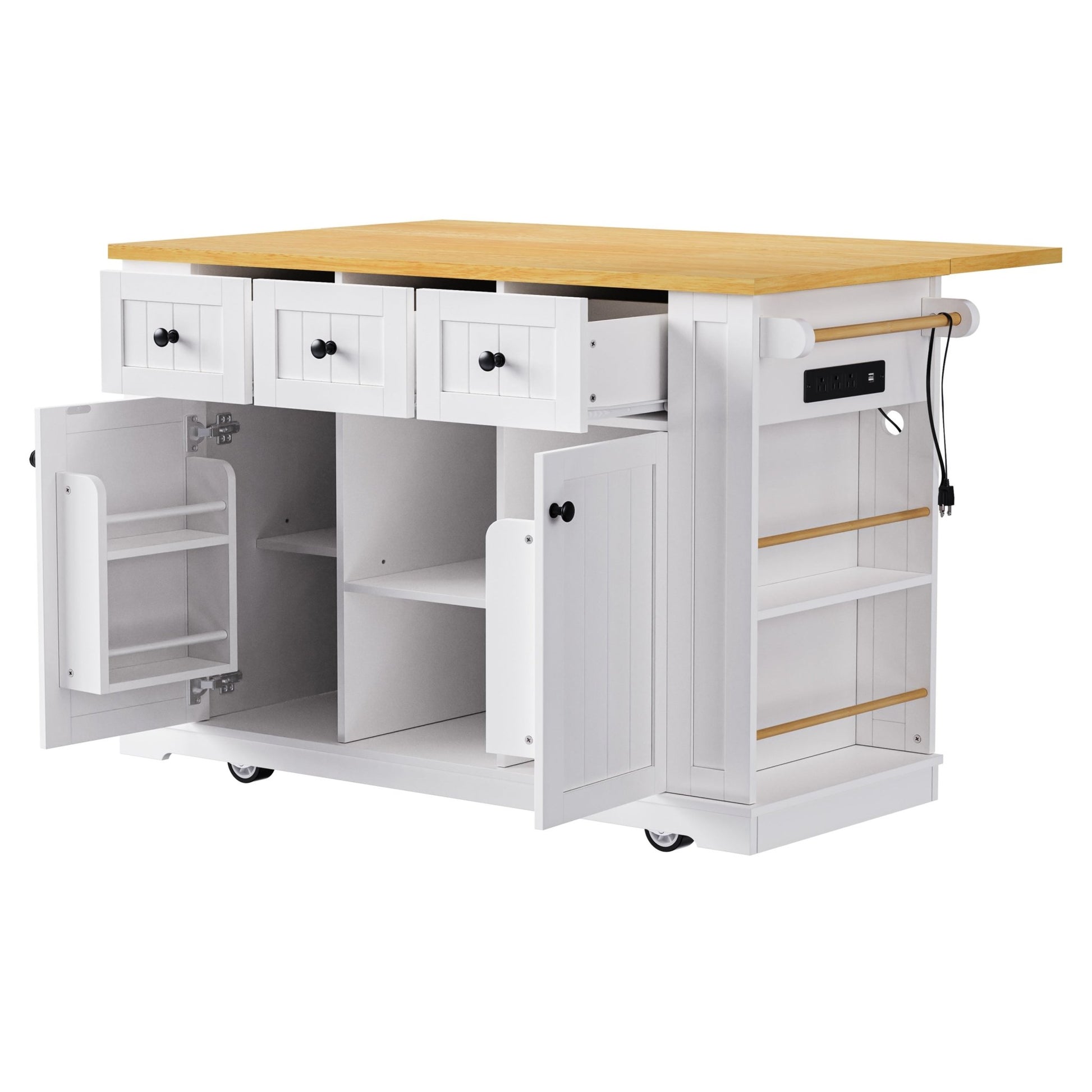 K&K 53inch Large Kitchen Island with Drop Leaf, Power Outlet, Door Internal Storage Rack, Rolling Kitchen Cart on 5 Wheels with 5 Open Side Racks for Kitchen, Dining Room,White(Not include bar stools) - 1st Choice Furniture Direct