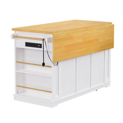 K&K 53inch Large Kitchen Island with Drop Leaf, Power Outlet, Door Internal Storage Rack, Rolling Kitchen Cart on 5 Wheels with 5 Open Side Racks for Kitchen, Dining Room,White(Not include bar stools) - 1st Choice Furniture Direct