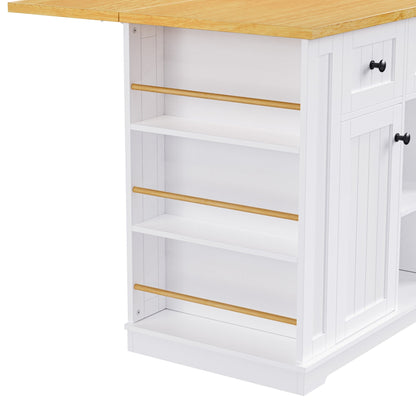 K&K 53inch Large Kitchen Island with Drop Leaf, Power Outlet, Door Internal Storage Rack, Rolling Kitchen Cart on 5 Wheels with 5 Open Side Racks for Kitchen, Dining Room,White(Not include bar stools) - 1st Choice Furniture Direct