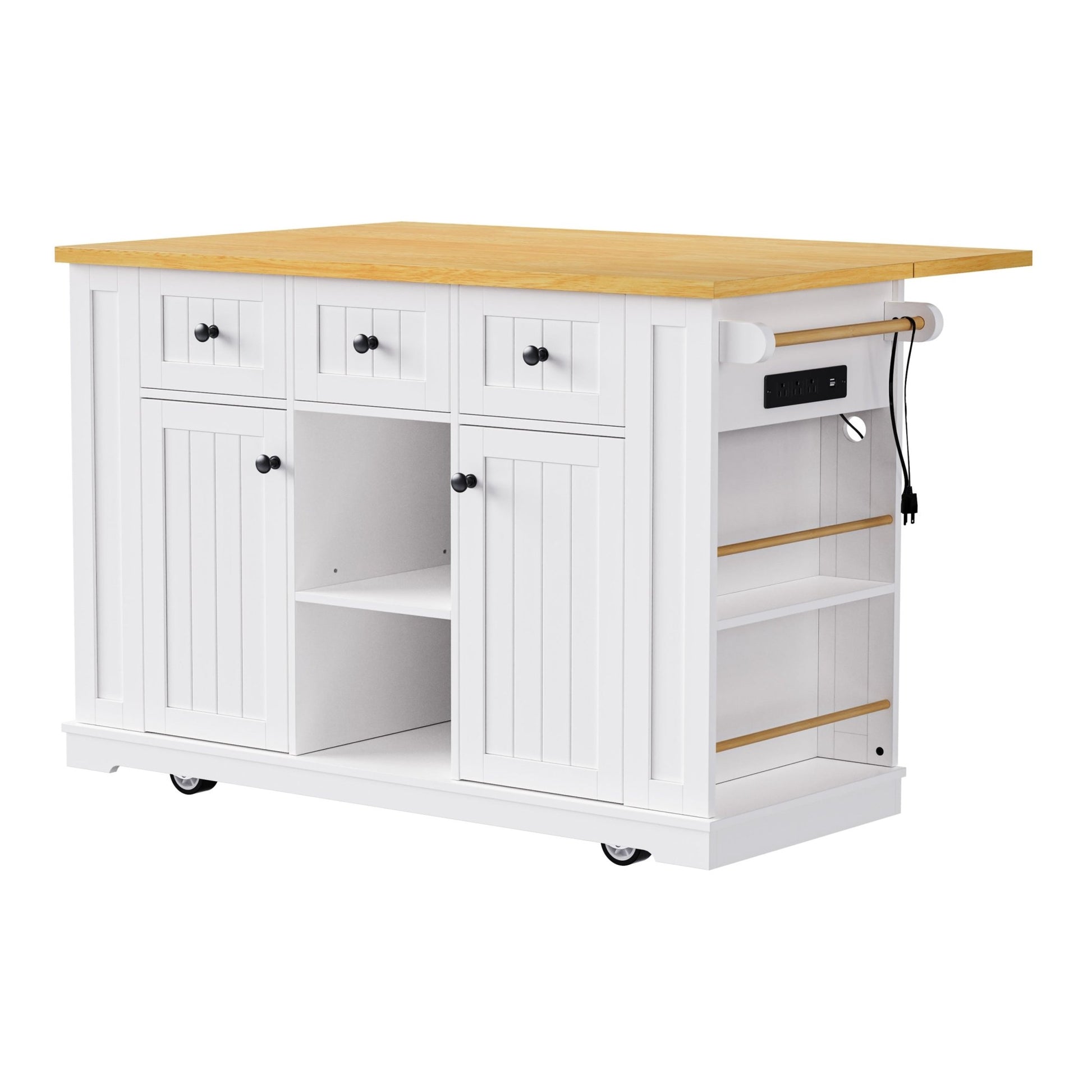 K&K 53inch Large Kitchen Island with Drop Leaf, Power Outlet, Door Internal Storage Rack, Rolling Kitchen Cart on 5 Wheels with 5 Open Side Racks for Kitchen, Dining Room,White(Not include bar stools) - 1st Choice Furniture Direct