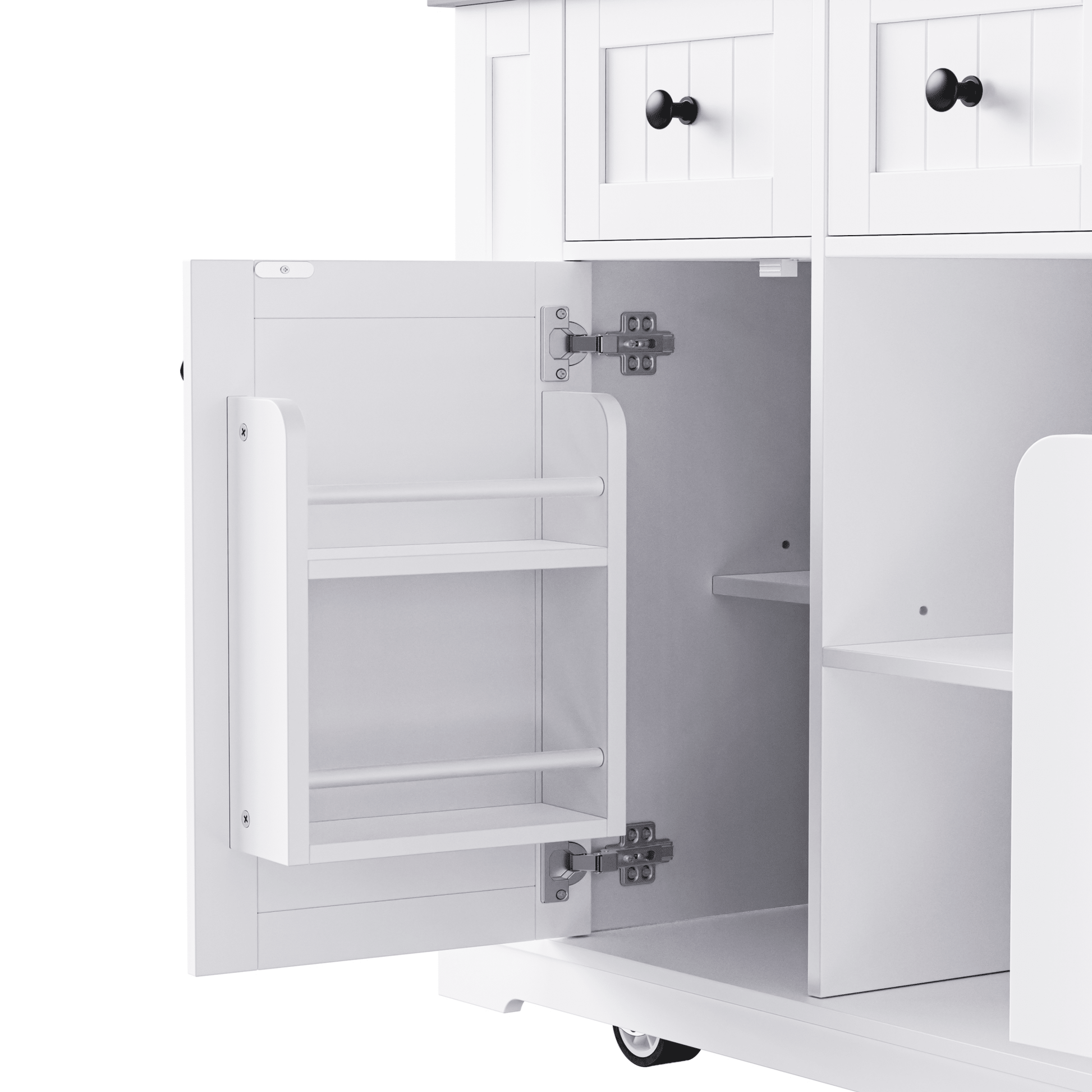 K&K 53inch Large Kitchen Island with Drop Leaf, Power Outlet, Door Internal Storage Rack, Rolling Kitchen Cart on 5 Wheels with 5 Open Side Racks for Kitchen, Dining Room,White(Not include bar stools) - 1st Choice Furniture Direct