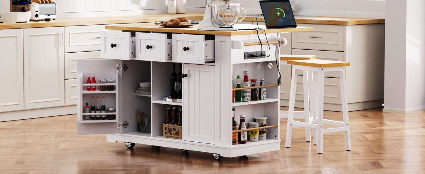 K&K 53inch Large Kitchen Island with Drop Leaf, Power Outlet, Door Internal Storage Rack, Rolling Kitchen Cart on 5 Wheels with 5 Open Side Racks for Kitchen, Dining Room,White(Not include bar stools) - 1st Choice Furniture Direct