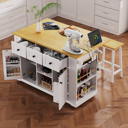 K&K 53inch Large Kitchen Island with Drop Leaf, Power Outlet, Door Internal Storage Rack, Rolling Kitchen Cart on 5 Wheels with 5 Open Side Racks for Kitchen, Dining Room,White(Not include bar stools) - 1st Choice Furniture Direct