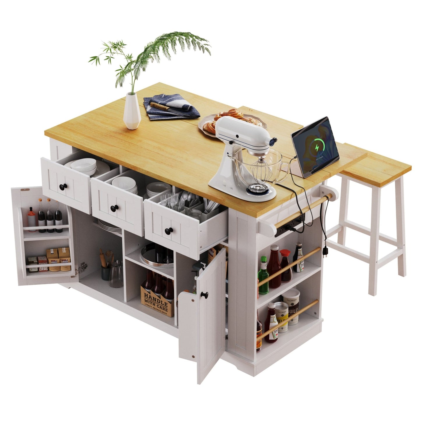 K&K 53inch Large Kitchen Island with Drop Leaf, Power Outlet, Door Internal Storage Rack, Rolling Kitchen Cart on 5 Wheels with 5 Open Side Racks for Kitchen, Dining Room,White(Not include bar stools) - 1st Choice Furniture Direct
