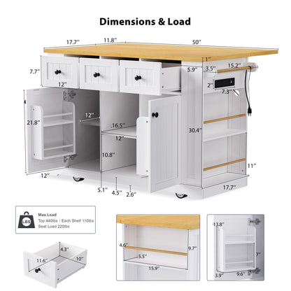K&K 53inch Large Kitchen Island with Drop Leaf, Power Outlet, Door Internal Storage Rack, Rolling Kitchen Cart on 5 Wheels with 5 Open Side Racks for Kitchen, Dining Room,White(Not include bar stools) - 1st Choice Furniture Direct