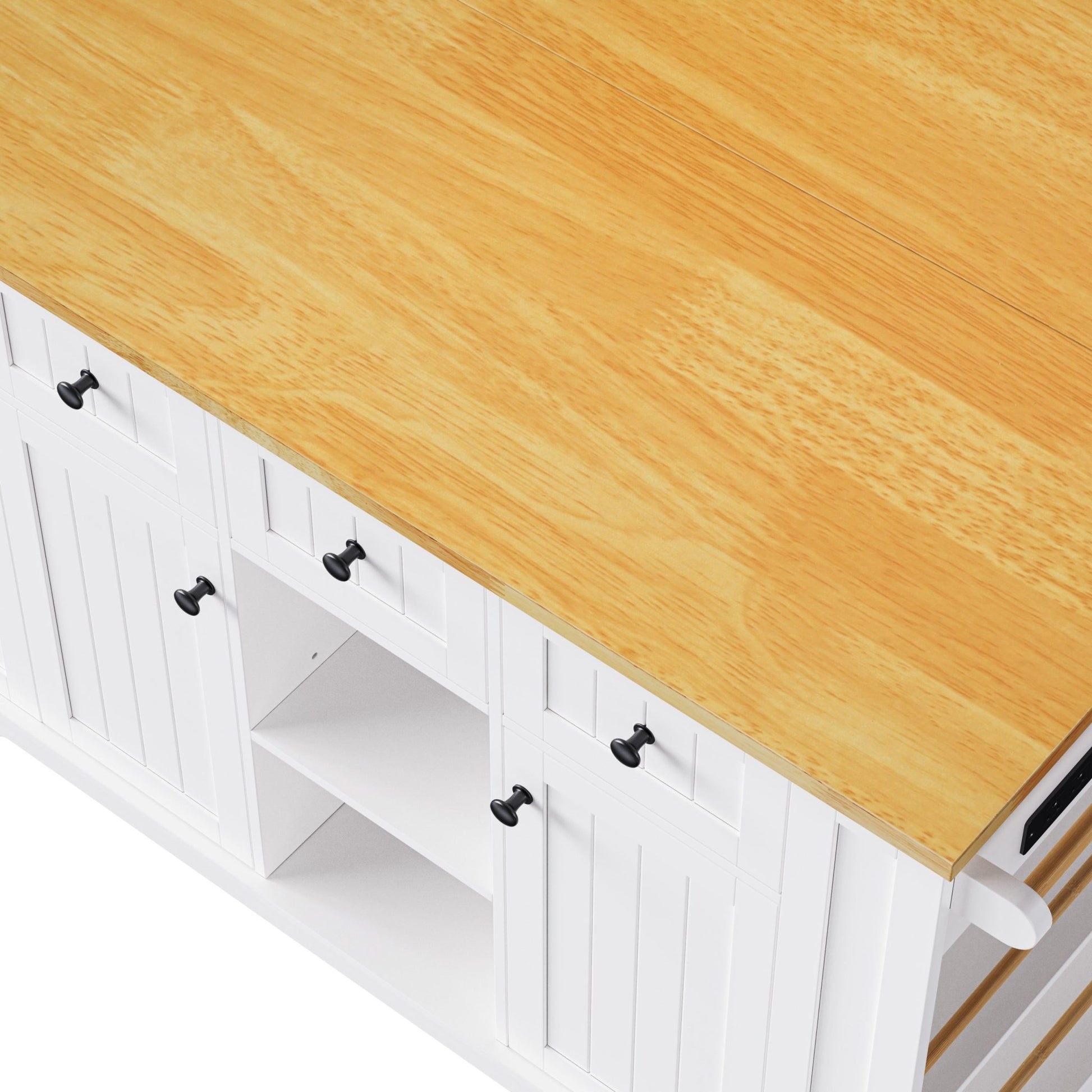 K&K 53inch Large Kitchen Island with Drop Leaf, Power Outlet, Door Internal Storage Rack, Rolling Kitchen Cart on 5 Wheels with 5 Open Side Racks for Kitchen, Dining Room,White(Not include bar stools) - 1st Choice Furniture Direct