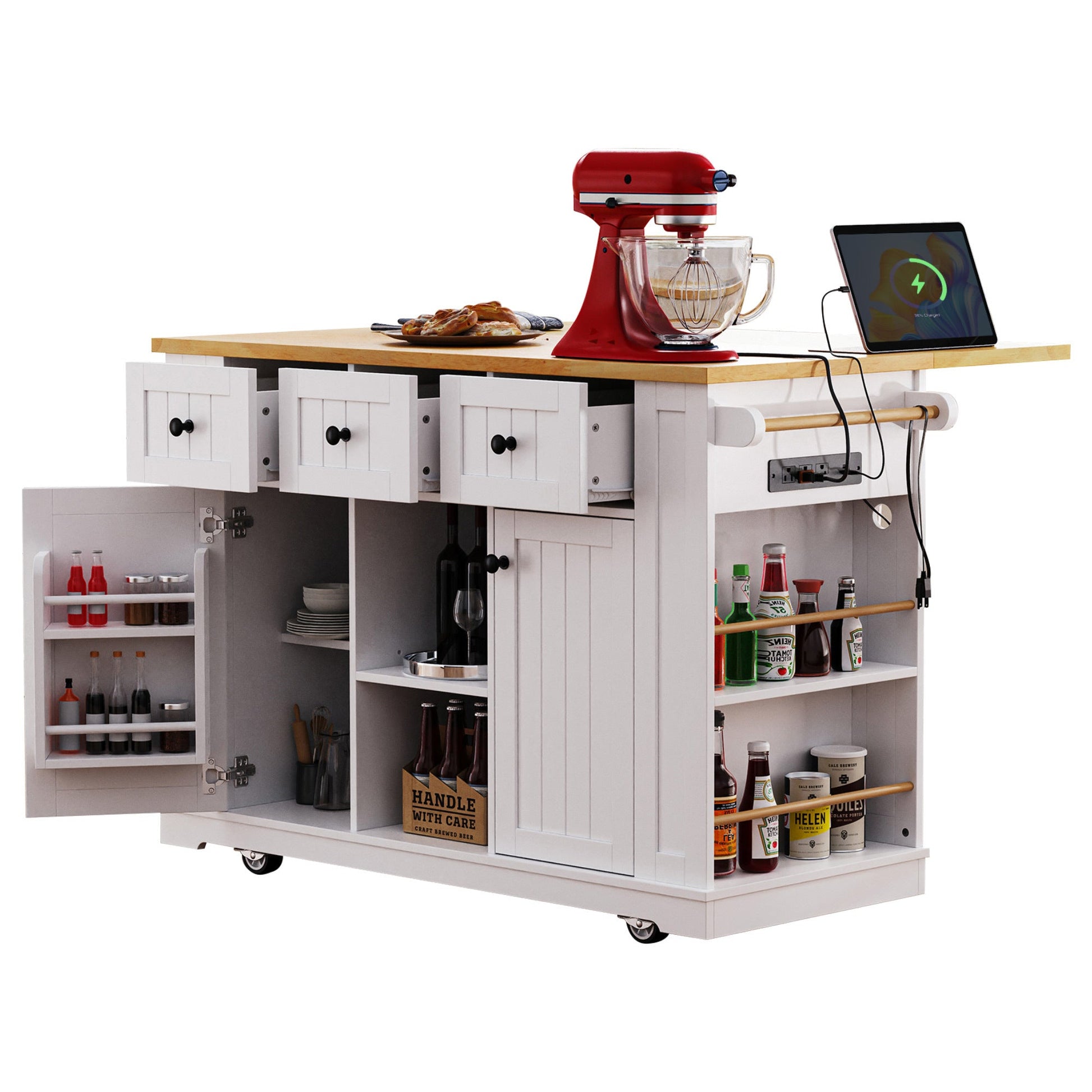 K&K 53inch Large Kitchen Island with Drop Leaf, Power Outlet, Door Internal Storage Rack, Rolling Kitchen Cart on 5 Wheels with 5 Open Side Racks for Kitchen, Dining Room,White(Not include bar stools) - 1st Choice Furniture Direct