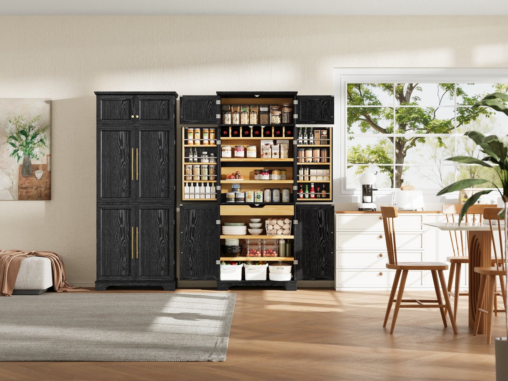 K&K 78.2' Tall Farmhouse Kitchen Pantry Cabinet with 8 Door Shelves, Storage Cabinet with 4 Adjustable Shelves, Hidden Drawer, Wine Rack, Versatile Cupboard for Kitchen, Dining & Bathroom, Ash Black - 1st Choice Furniture Direct