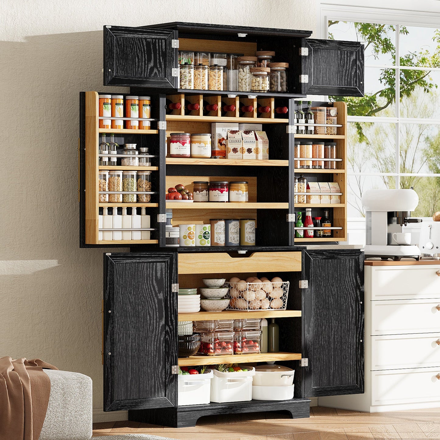 K&K 78.2' Tall Farmhouse Kitchen Pantry Cabinet with 8 Door Shelves, Storage Cabinet with 4 Adjustable Shelves, Hidden Drawer, Wine Rack, Versatile Cupboard for Kitchen, Dining & Bathroom, Ash Black - 1st Choice Furniture Direct