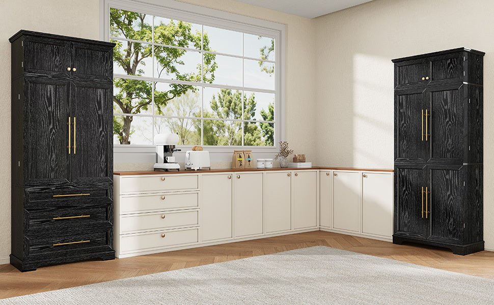 K&K 78.2' Tall Farmhouse Kitchen Pantry Cabinet with 8 Door Shelves, Storage Cabinet with 4 Adjustable Shelves, Hidden Drawer, Wine Rack, Versatile Cupboard for Kitchen, Dining & Bathroom, Ash Black - 1st Choice Furniture Direct