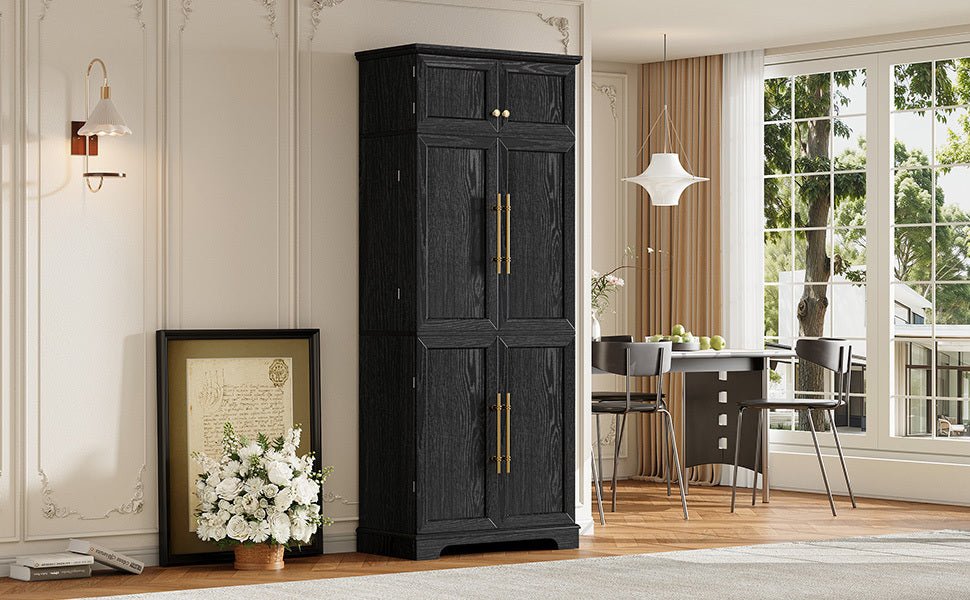 K&K 78.2' Tall Farmhouse Kitchen Pantry Cabinet with 8 Door Shelves, Storage Cabinet with 4 Adjustable Shelves, Hidden Drawer, Wine Rack, Versatile Cupboard for Kitchen, Dining & Bathroom, Ash Black - 1st Choice Furniture Direct
