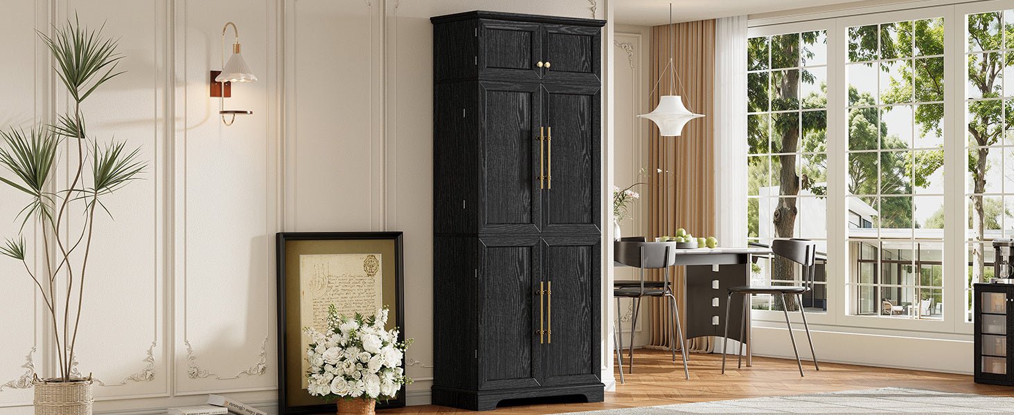 K&K 78.2' Tall Farmhouse Kitchen Pantry Cabinet with 8 Door Shelves, Storage Cabinet with 4 Adjustable Shelves, Hidden Drawer, Wine Rack, Versatile Cupboard for Kitchen, Dining & Bathroom, Ash Black - 1st Choice Furniture Direct