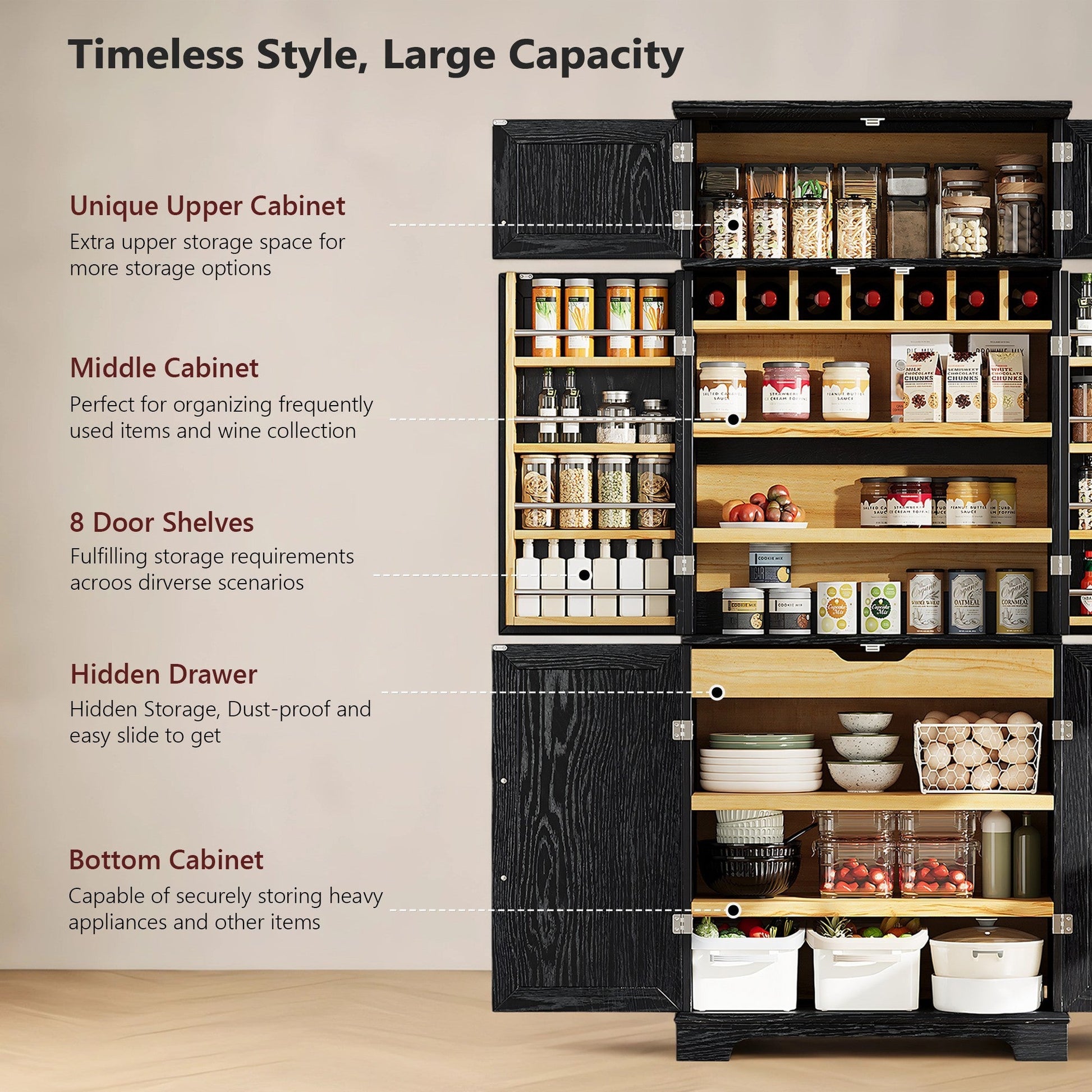 K&K 78.2' Tall Farmhouse Kitchen Pantry Cabinet with 8 Door Shelves, Storage Cabinet with 4 Adjustable Shelves, Hidden Drawer, Wine Rack, Versatile Cupboard for Kitchen, Dining & Bathroom, Ash Black - 1st Choice Furniture Direct
