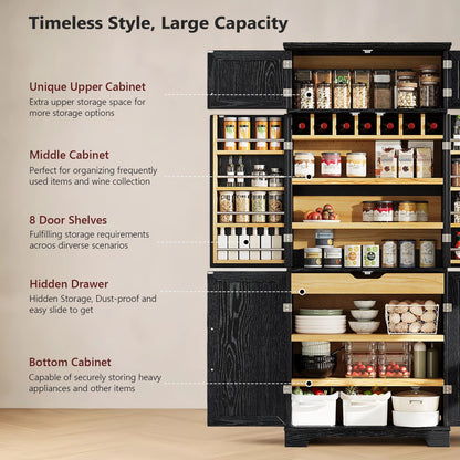 K&K 78.2' Tall Farmhouse Kitchen Pantry Cabinet with 8 Door Shelves, Storage Cabinet with 4 Adjustable Shelves, Hidden Drawer, Wine Rack, Versatile Cupboard for Kitchen, Dining & Bathroom, Ash Black - 1st Choice Furniture Direct