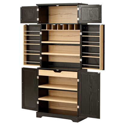 K&K 78.2' Tall Farmhouse Kitchen Pantry Cabinet with 8 Door Shelves, Storage Cabinet with 4 Adjustable Shelves, Hidden Drawer, Wine Rack, Versatile Cupboard for Kitchen, Dining & Bathroom, Ash Black - 1st Choice Furniture Direct
