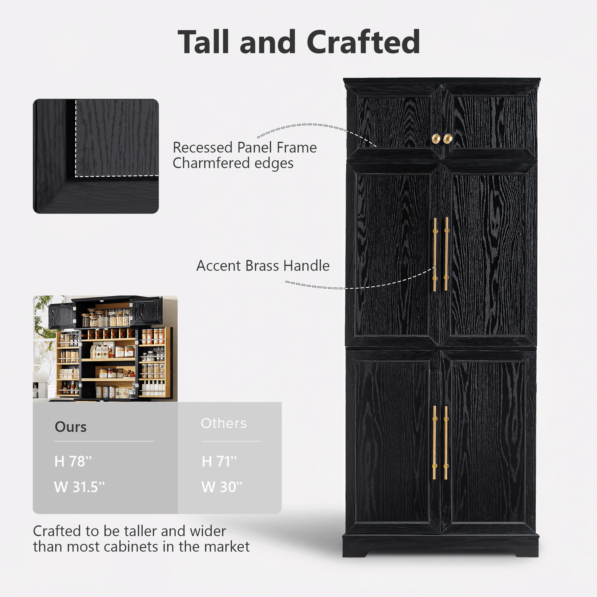 K&K 78.2' Tall Farmhouse Kitchen Pantry Cabinet with 8 Door Shelves, Storage Cabinet with 4 Adjustable Shelves, Hidden Drawer, Wine Rack, Versatile Cupboard for Kitchen, Dining & Bathroom, Ash Black - 1st Choice Furniture Direct