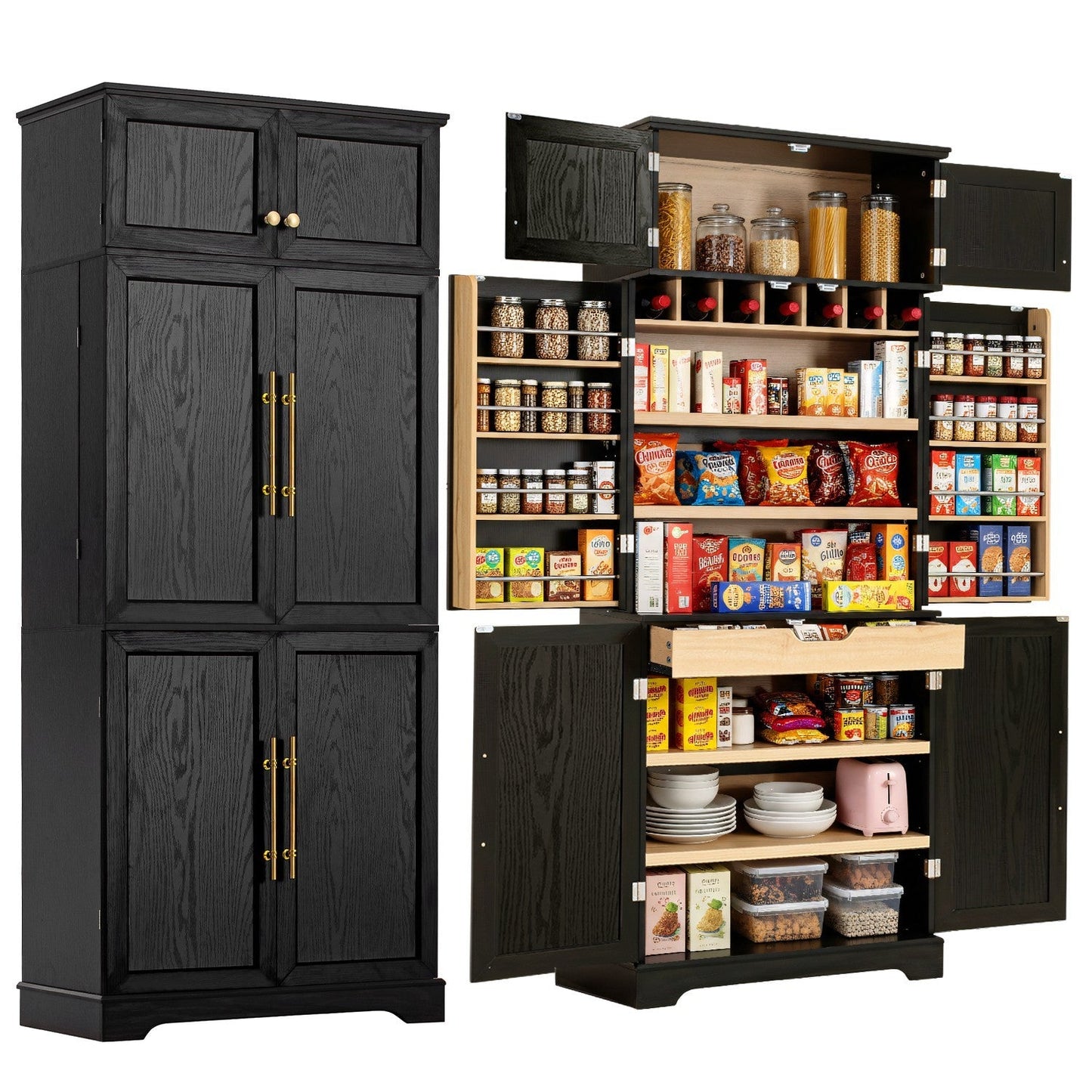 K&K 78.2' Tall Farmhouse Kitchen Pantry Cabinet with 8 Door Shelves, Storage Cabinet with 4 Adjustable Shelves, Hidden Drawer, Wine Rack, Versatile Cupboard for Kitchen, Dining & Bathroom, Ash Black - 1st Choice Furniture Direct