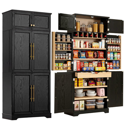 K&K 78.2' Tall Farmhouse Kitchen Pantry Cabinet with 8 Door Shelves, Storage Cabinet with 4 Adjustable Shelves, Hidden Drawer, Wine Rack, Versatile Cupboard for Kitchen, Dining & Bathroom, Ash Black - 1st Choice Furniture Direct