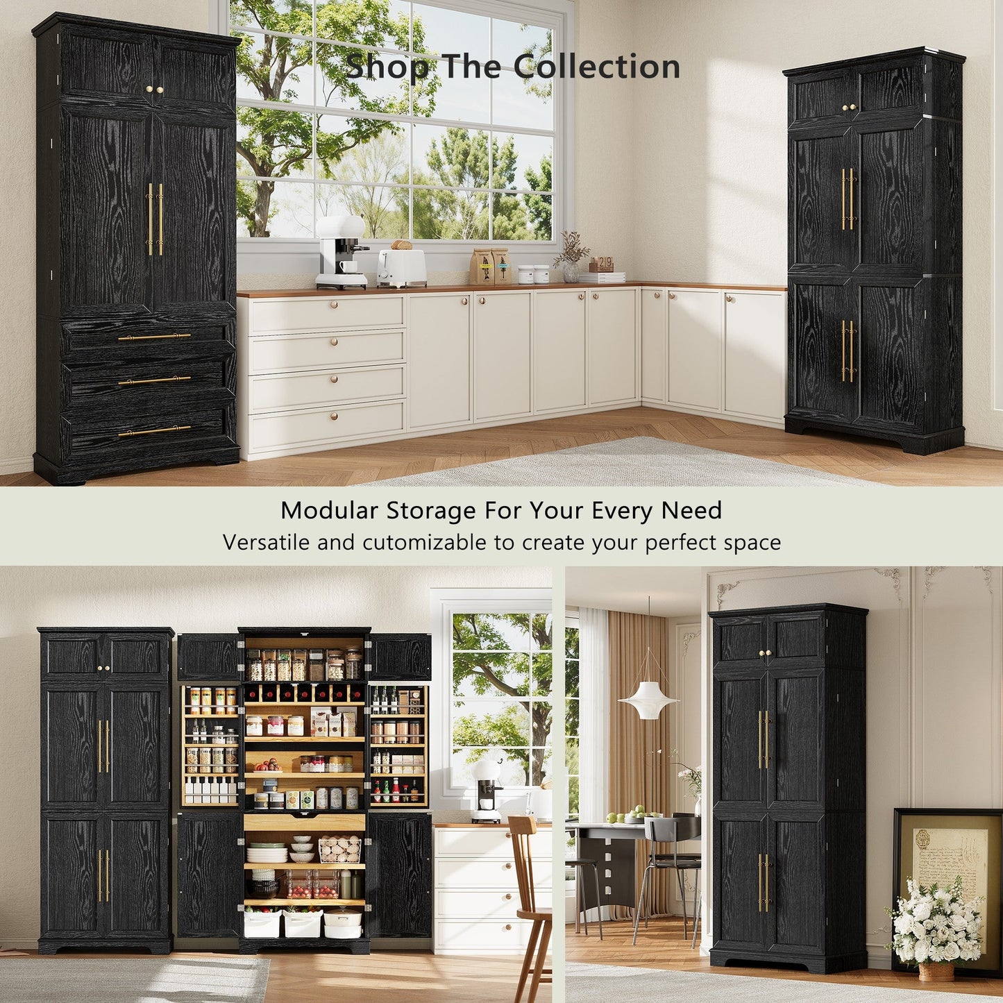 K&K 78.2' Tall Farmhouse Kitchen Pantry Cabinet with 8 Door Shelves, Storage Cabinet with 4 Adjustable Shelves, Hidden Drawer, Wine Rack, Versatile Cupboard for Kitchen, Dining & Bathroom, Ash Black - 1st Choice Furniture Direct