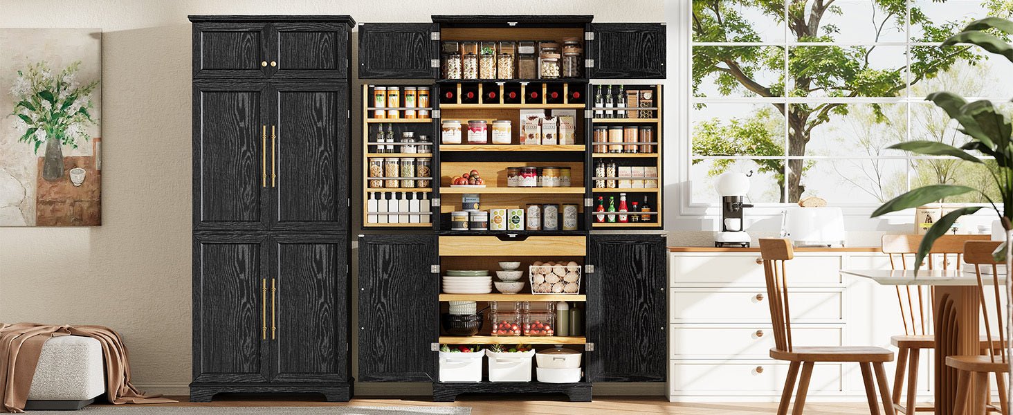 K&K 78.2' Tall Farmhouse Kitchen Pantry Cabinet with 8 Door Shelves, Storage Cabinet with 4 Adjustable Shelves, Hidden Drawer, Wine Rack, Versatile Cupboard for Kitchen, Dining & Bathroom, Ash Black - 1st Choice Furniture Direct