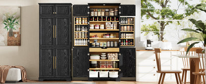 K&K 78.2' Tall Farmhouse Kitchen Pantry Cabinet with 8 Door Shelves, Storage Cabinet with 4 Adjustable Shelves, Hidden Drawer, Wine Rack, Versatile Cupboard for Kitchen, Dining & Bathroom, Ash Black - 1st Choice Furniture Direct