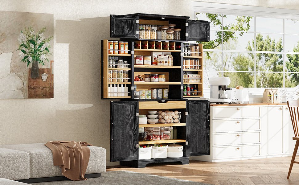 K&K 78.2' Tall Farmhouse Kitchen Pantry Cabinet with 8 Door Shelves, Storage Cabinet with 4 Adjustable Shelves, Hidden Drawer, Wine Rack, Versatile Cupboard for Kitchen, Dining & Bathroom, Ash Black - 1st Choice Furniture Direct