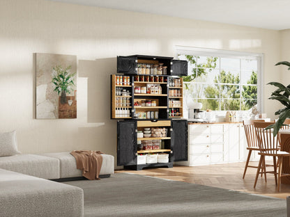 K&K 78.2' Tall Farmhouse Kitchen Pantry Cabinet with 8 Door Shelves, Storage Cabinet with 4 Adjustable Shelves, Hidden Drawer, Wine Rack, Versatile Cupboard for Kitchen, Dining & Bathroom, Ash Black - 1st Choice Furniture Direct