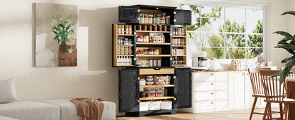K&K 78.2' Tall Farmhouse Kitchen Pantry Cabinet with 8 Door Shelves, Storage Cabinet with 4 Adjustable Shelves, Hidden Drawer, Wine Rack, Versatile Cupboard for Kitchen, Dining & Bathroom, Ash Black - 1st Choice Furniture Direct