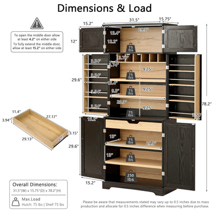 K&K 78.2' Tall Farmhouse Kitchen Pantry Cabinet with 8 Door Shelves, Storage Cabinet with 4 Adjustable Shelves, Hidden Drawer, Wine Rack, Versatile Cupboard for Kitchen, Dining & Bathroom, Ash Black - 1st Choice Furniture Direct