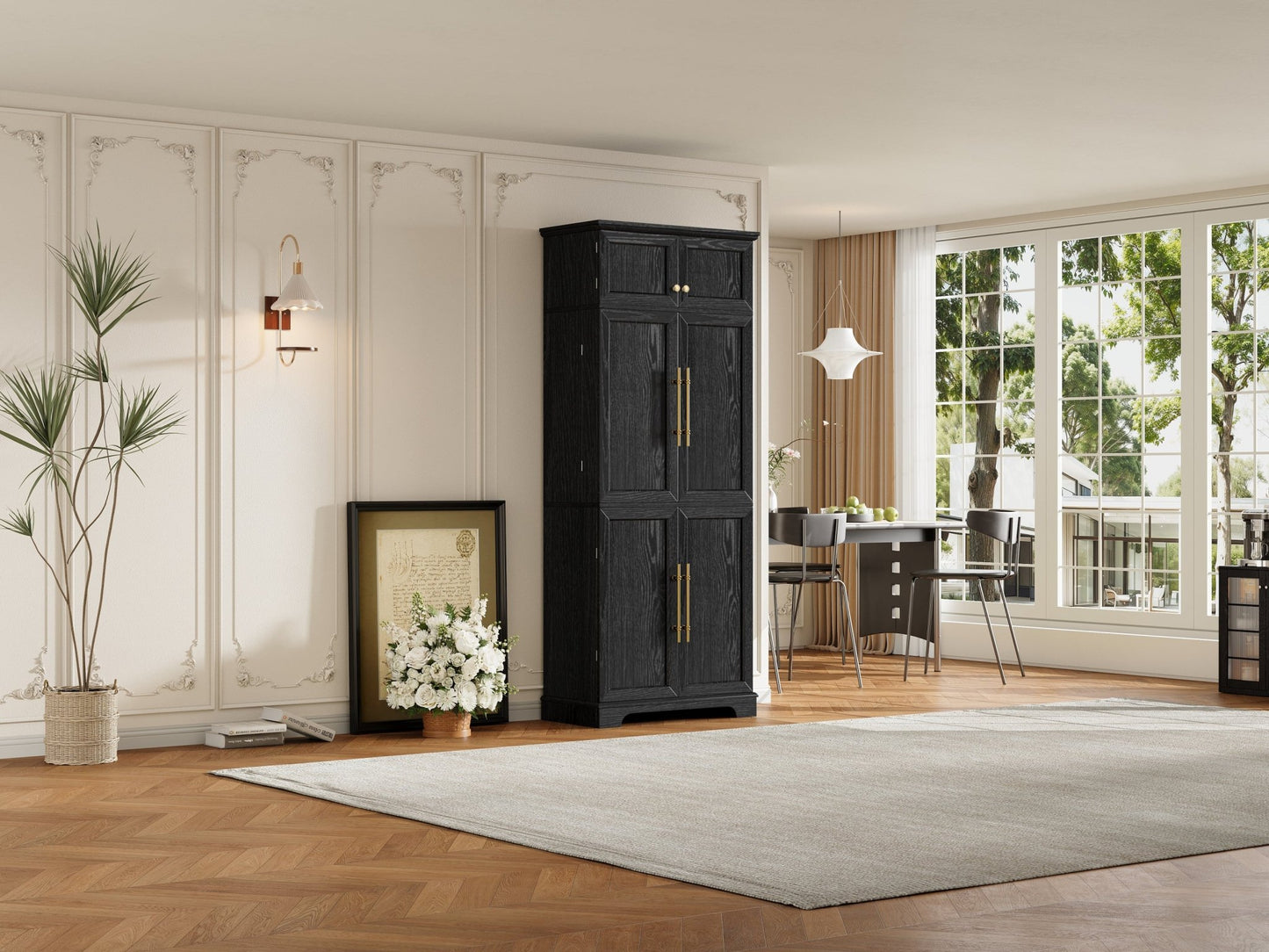 K&K 78.2' Tall Farmhouse Kitchen Pantry Cabinet with 8 Door Shelves, Storage Cabinet with 4 Adjustable Shelves, Hidden Drawer, Wine Rack, Versatile Cupboard for Kitchen, Dining & Bathroom, Ash Black - 1st Choice Furniture Direct