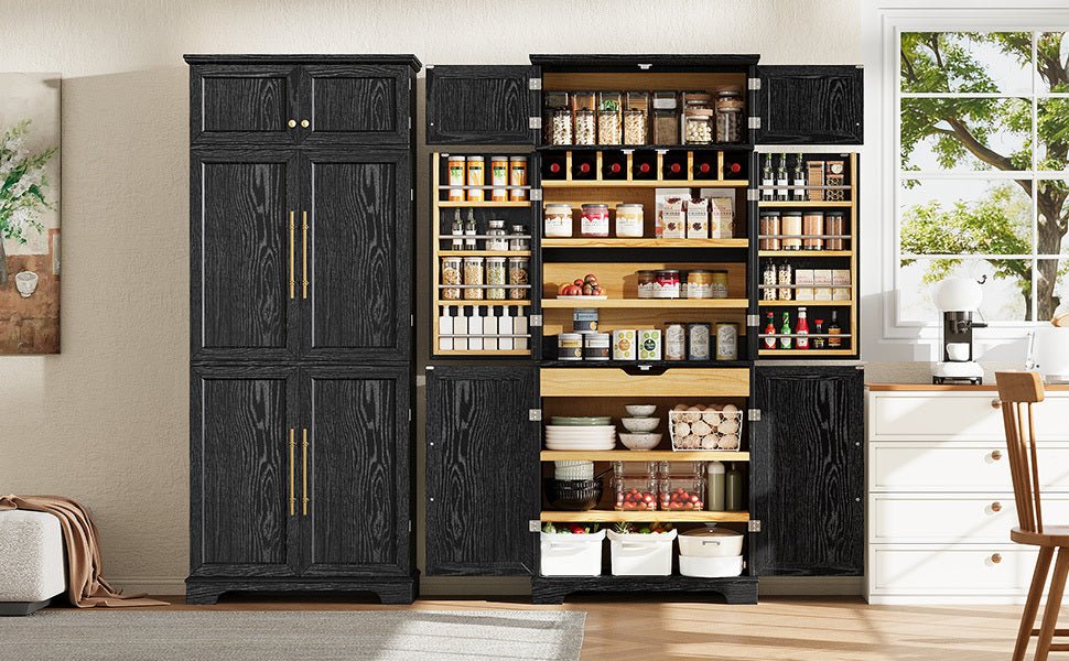 K&K 78.2' Tall Farmhouse Kitchen Pantry Cabinet with 8 Door Shelves, Storage Cabinet with 4 Adjustable Shelves, Hidden Drawer, Wine Rack, Versatile Cupboard for Kitchen, Dining & Bathroom, Ash Black - 1st Choice Furniture Direct